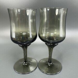 Vintage Royal Prestige Smoke Grey Green Twisted Stem Glasses Goblets Cups Set 2
